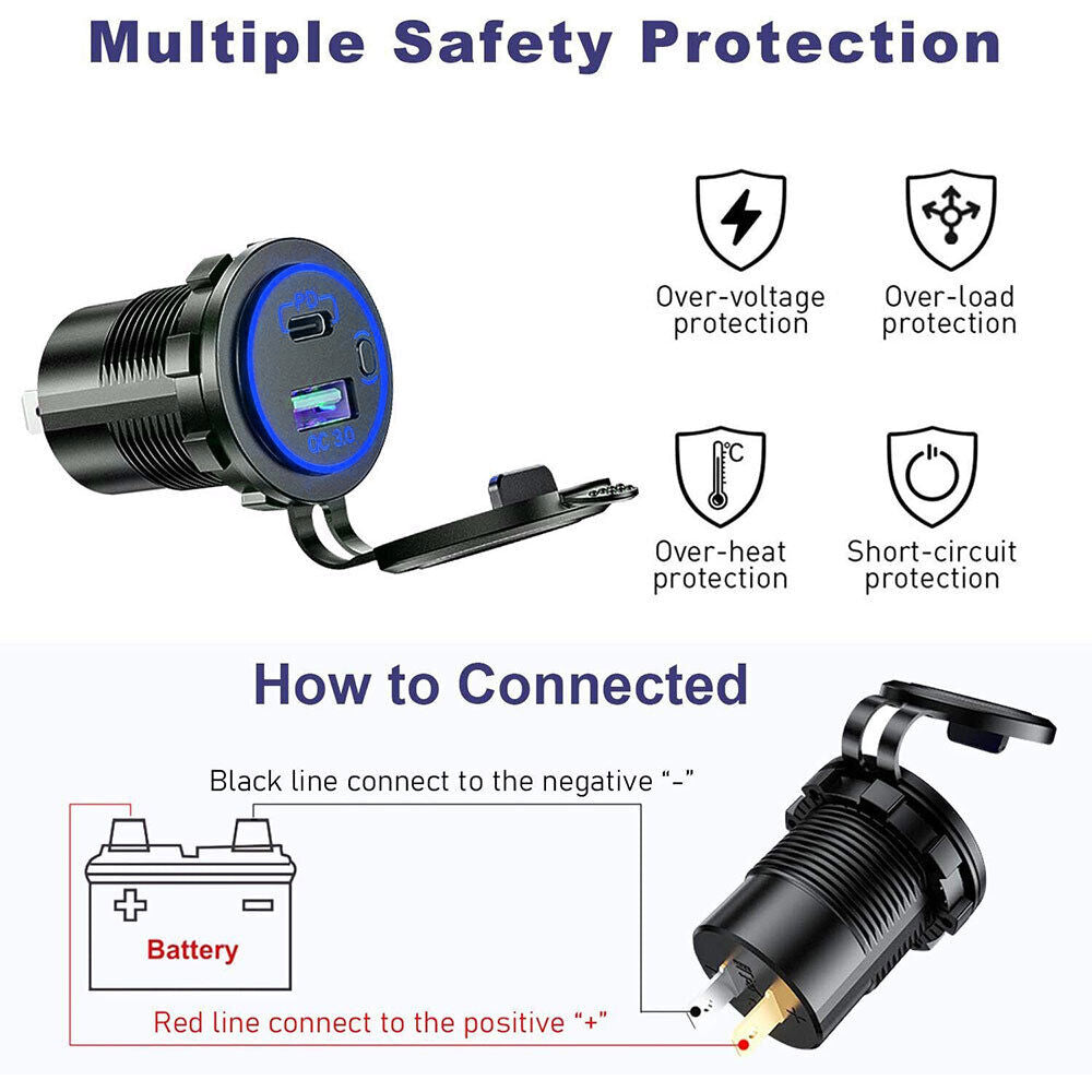 12v Type-C PD + QC 3.0 USB Charger / Power Socket for Campervans